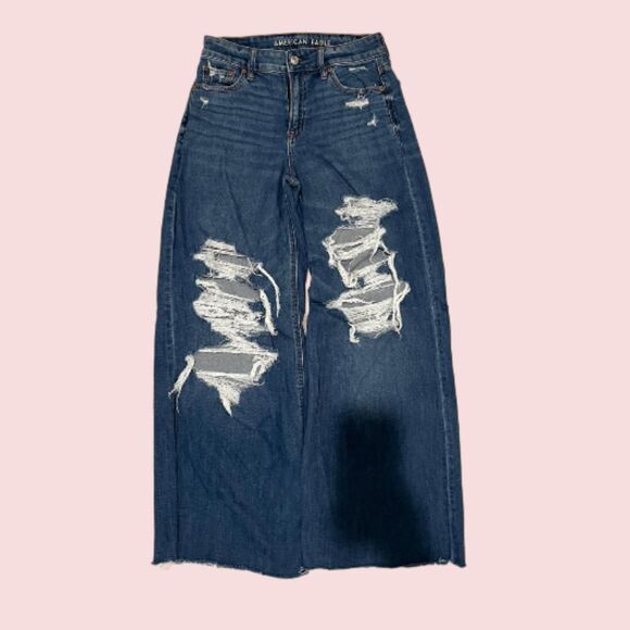 American Eagle Dreamy Drape Stretch Ripped Super High-Waisted Baggy WideLeg Jean - Picture 1 of 4
